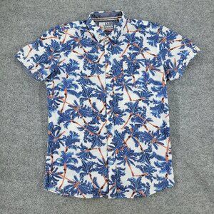 Jam Session Button Shirt Men Large White Blue AOP Graphic Short Sleeve Slim Fit